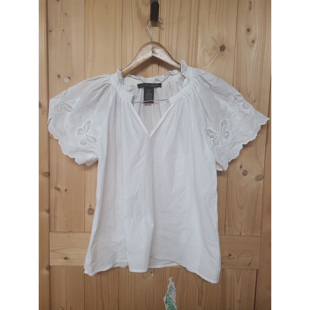 Liv Los Angeles Blouse Women Medium White Good Butterfly Eyelet Flutter Sleeve